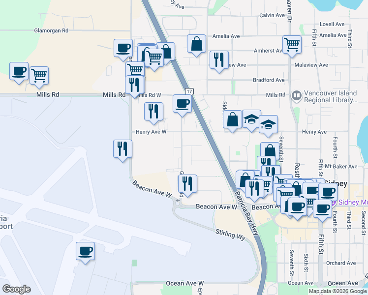 map of restaurants, bars, coffee shops, grocery stores, and more near in Sidney