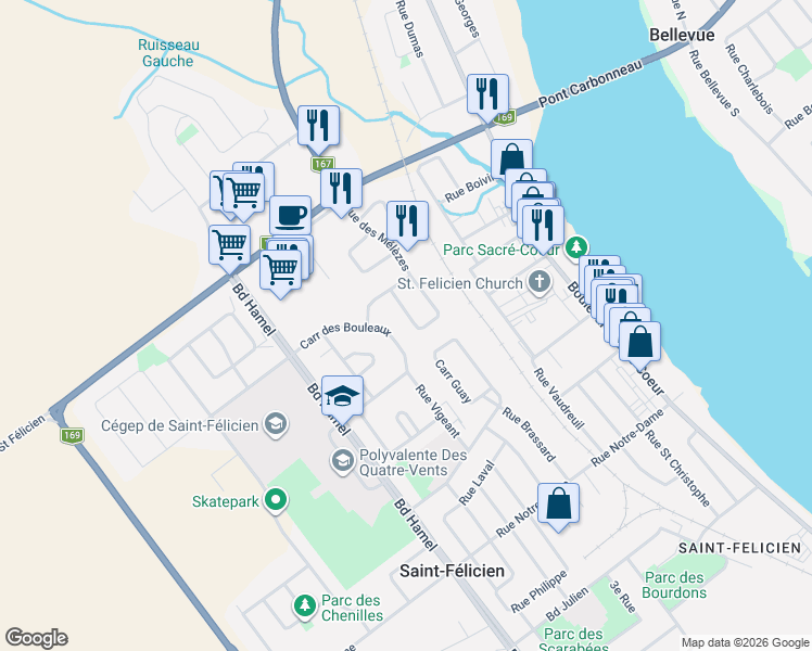 map of restaurants, bars, coffee shops, grocery stores, and more near 1153 Carré des Chênes in Saint-Félicien