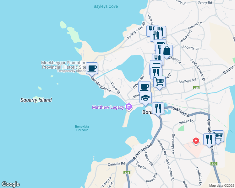 map of restaurants, bars, coffee shops, grocery stores, and more near 47 Roper Street in Bonavista