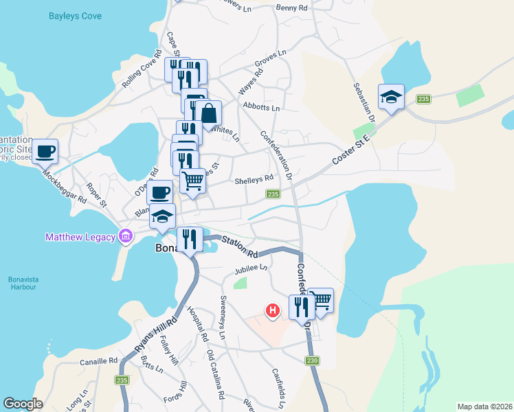map of restaurants, bars, coffee shops, grocery stores, and more near 105 Coster Street West in Bonavista