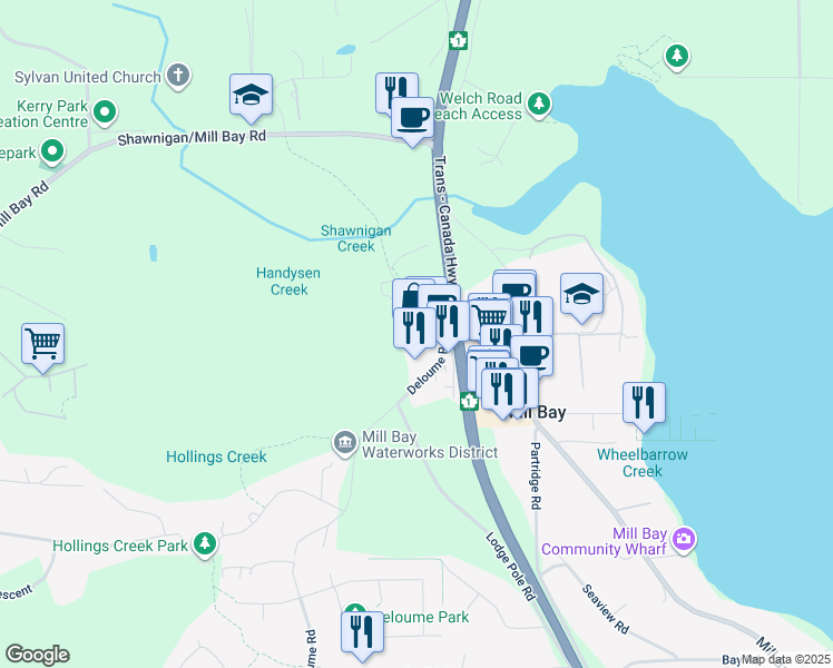map of restaurants, bars, coffee shops, grocery stores, and more near 2734 Barry Road in Mill Bay
