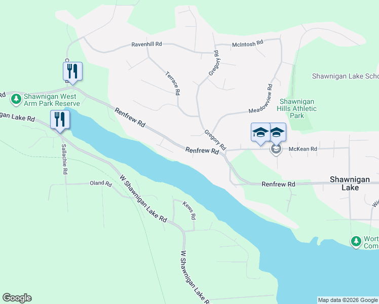 map of restaurants, bars, coffee shops, grocery stores, and more near 2308 Renfrew Road in Shawnigan Lake