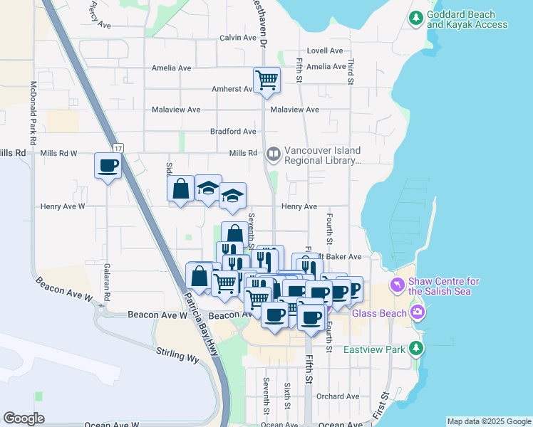 map of restaurants, bars, coffee shops, grocery stores, and more near 2325 Henry Avenue in Sidney