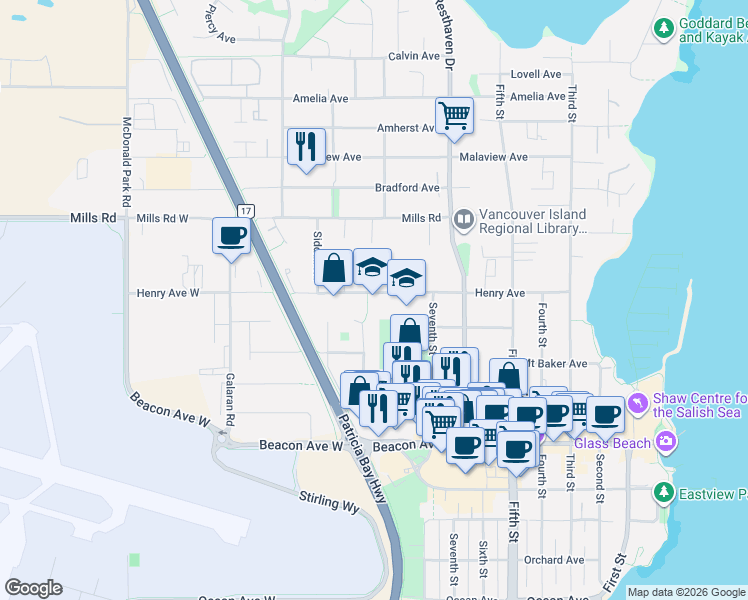 map of restaurants, bars, coffee shops, grocery stores, and more near 9949 Swiftsure Place in Sidney