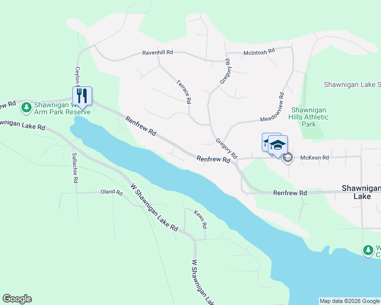 map of restaurants, bars, coffee shops, grocery stores, and more near 2331 Renfrew Road in Shawnigan Lake