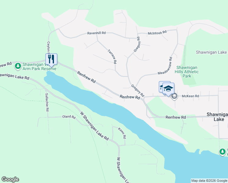 map of restaurants, bars, coffee shops, grocery stores, and more near 2331 Renfrew Road in Shawnigan Lake