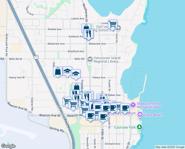 map of restaurants, bars, coffee shops, grocery stores, and more near 2350 Henry Avenue in Sidney