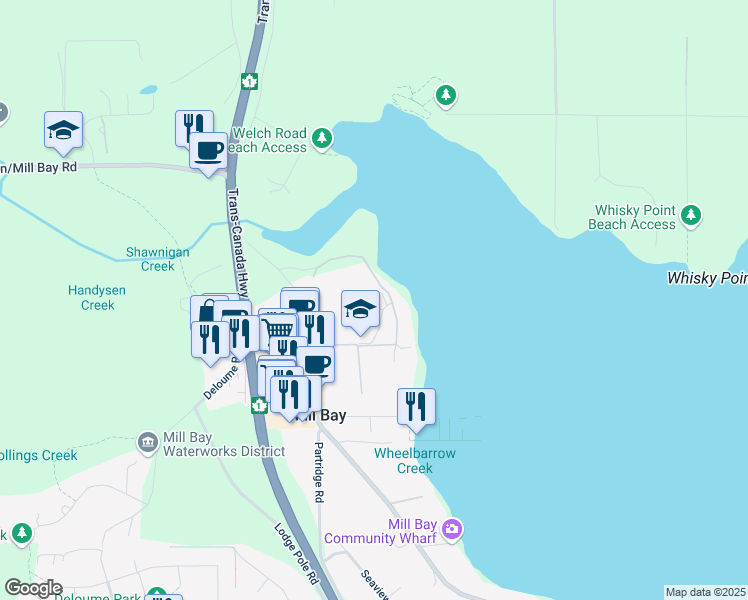 map of restaurants, bars, coffee shops, grocery stores, and more near 2735 Mount Baker Road in Mill Bay
