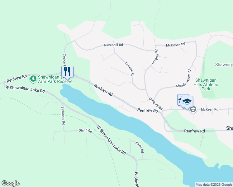 map of restaurants, bars, coffee shops, grocery stores, and more near 2354 Renfrew Road in Shawnigan Lake