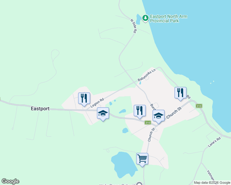 map of restaurants, bars, coffee shops, grocery stores, and more near 36 Legion Road in Eastport