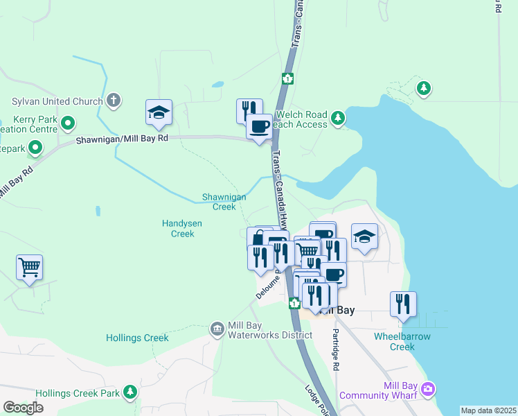 map of restaurants, bars, coffee shops, grocery stores, and more near 2734 Barry Road in Mill Bay
