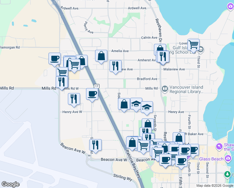 map of restaurants, bars, coffee shops, grocery stores, and more near 2178 Mills Road in Sidney