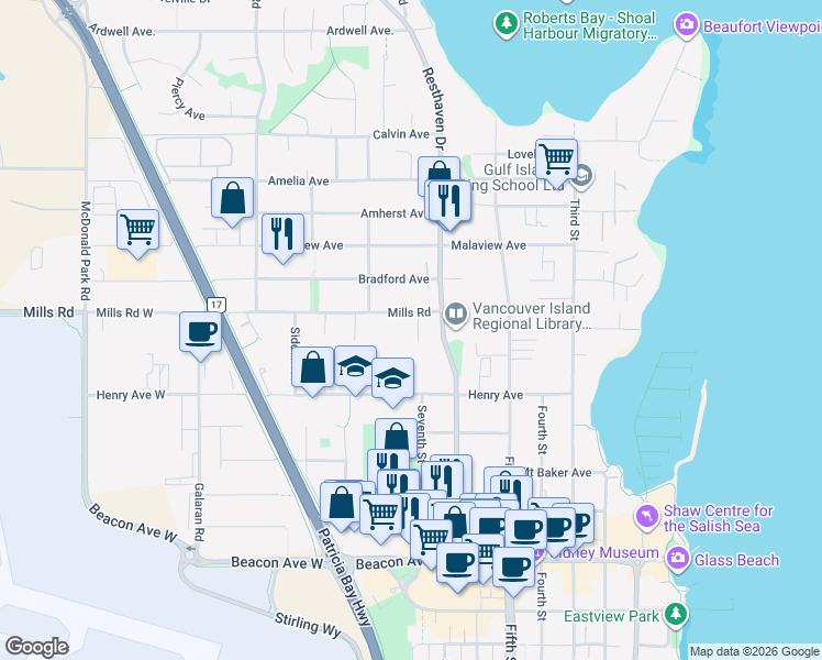 map of restaurants, bars, coffee shops, grocery stores, and more near 10106 Resthaven Drive in Sidney