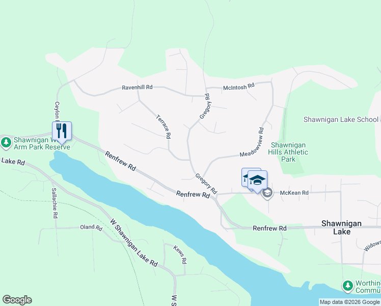 map of restaurants, bars, coffee shops, grocery stores, and more near 2787 Gregory Road in Shawnigan Lake