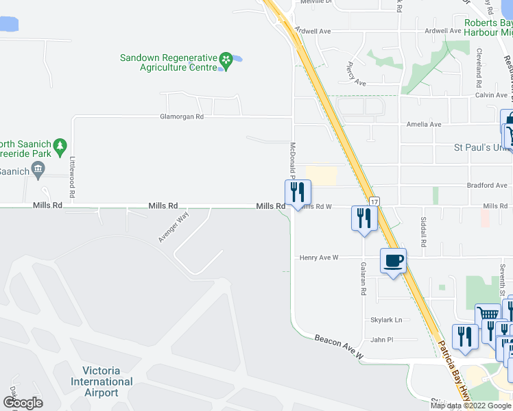 map of restaurants, bars, coffee shops, grocery stores, and more near Mills Road in North Saanich