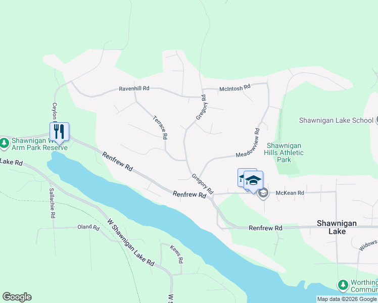 map of restaurants, bars, coffee shops, grocery stores, and more near 2787 Gregory Road in Shawnigan Lake