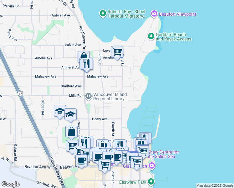 map of restaurants, bars, coffee shops, grocery stores, and more near 10084 Third Street in Sidney