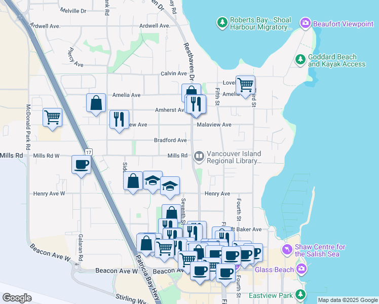 map of restaurants, bars, coffee shops, grocery stores, and more near 10106 Resthaven Drive in Sidney