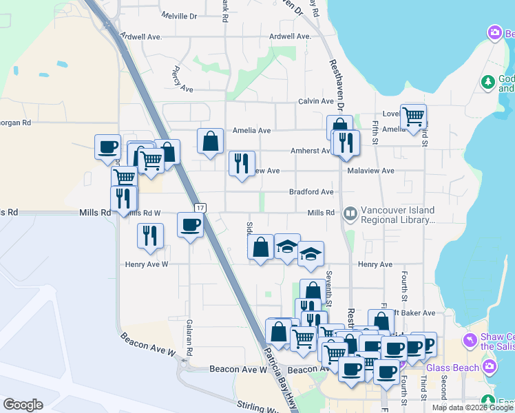 map of restaurants, bars, coffee shops, grocery stores, and more near 2208 Mills Road in Sidney