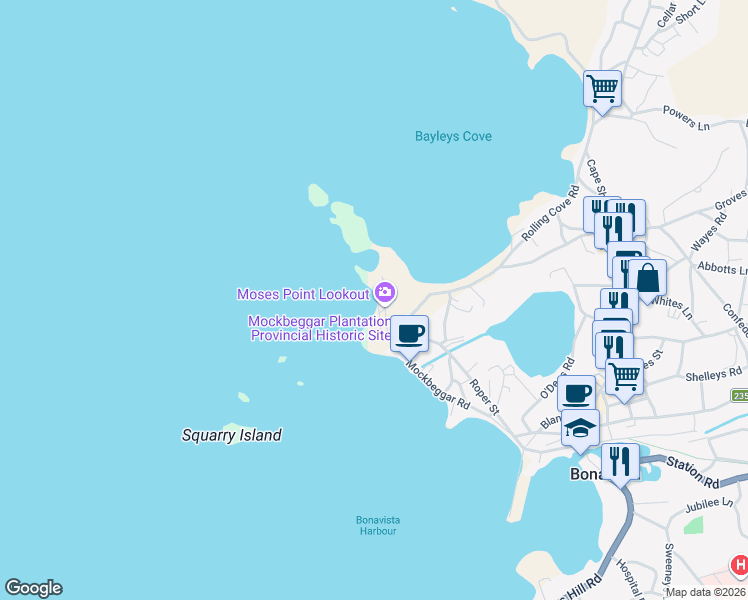 map of restaurants, bars, coffee shops, grocery stores, and more near 6 Moses Point Lane in Bonavista