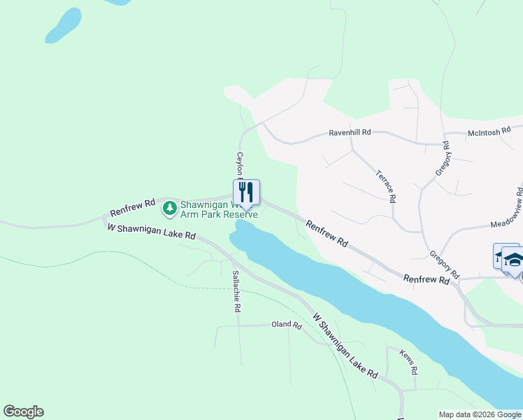 map of restaurants, bars, coffee shops, grocery stores, and more near 2446 Sommer Lane in Shawnigan Lake