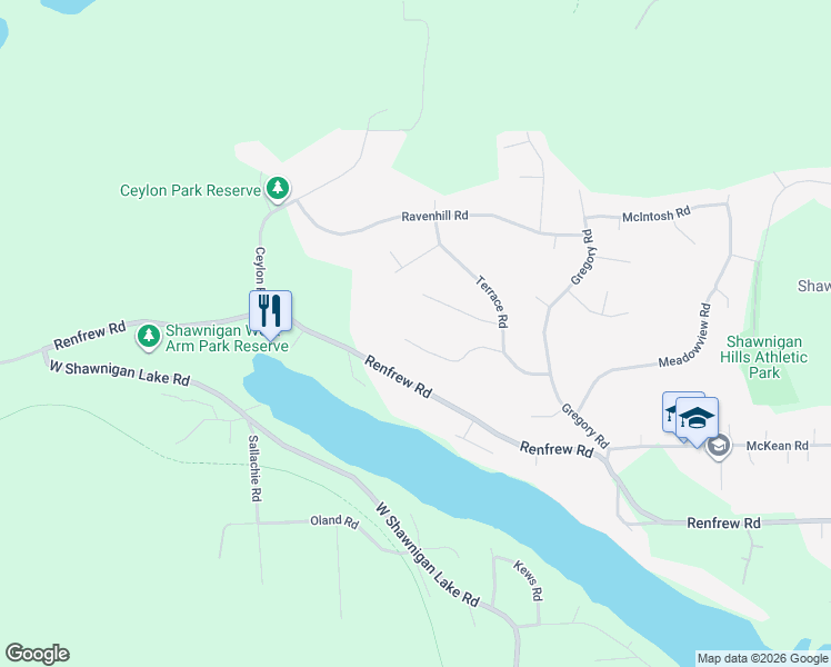 map of restaurants, bars, coffee shops, grocery stores, and more near 2376 Damascus Road in Shawnigan Lake