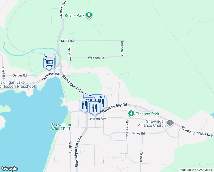 map of restaurants, bars, coffee shops, grocery stores, and more near 2785 Wallbank Road in Shawnigan Lake