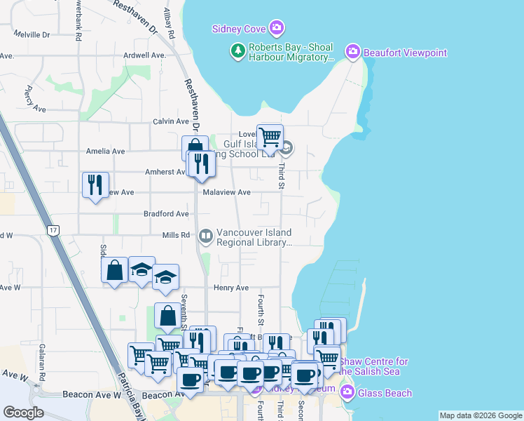 map of restaurants, bars, coffee shops, grocery stores, and more near 2433 Malaview Avenue in Sidney