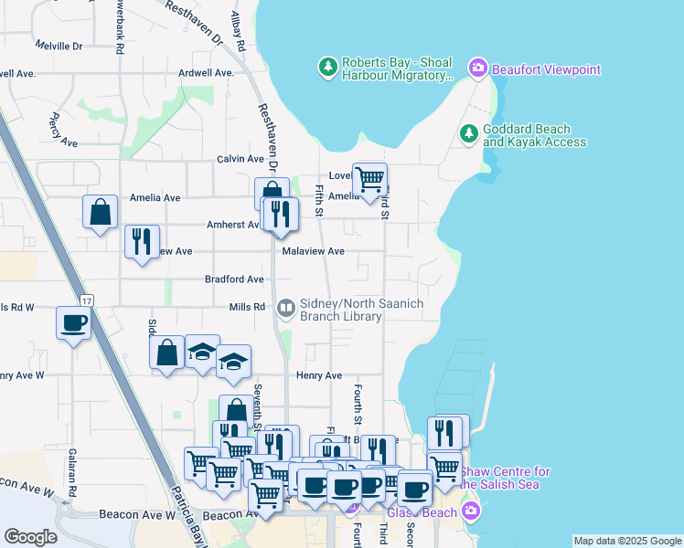 map of restaurants, bars, coffee shops, grocery stores, and more near 10147 Fifth Street in Sidney