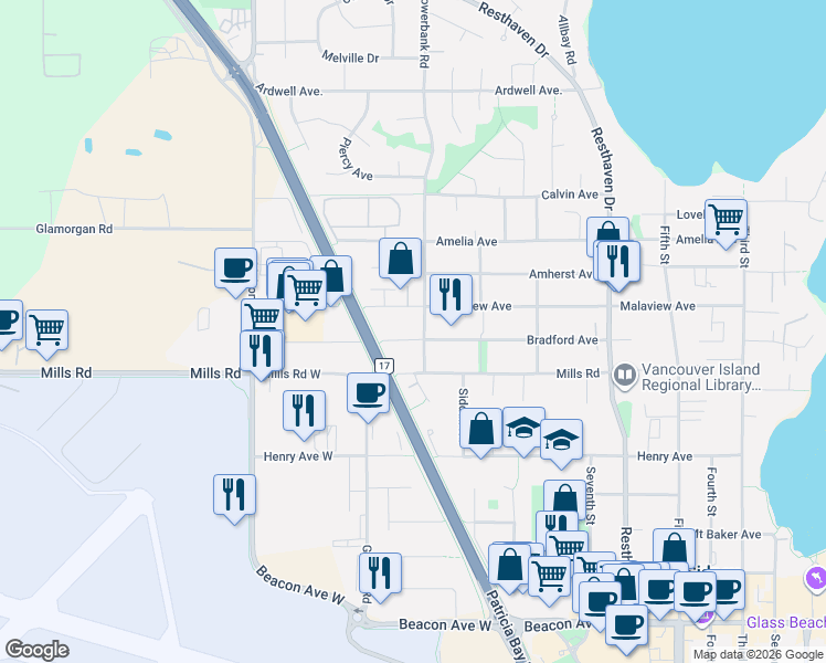 map of restaurants, bars, coffee shops, grocery stores, and more near 2143 Malaview Avenue in Sidney