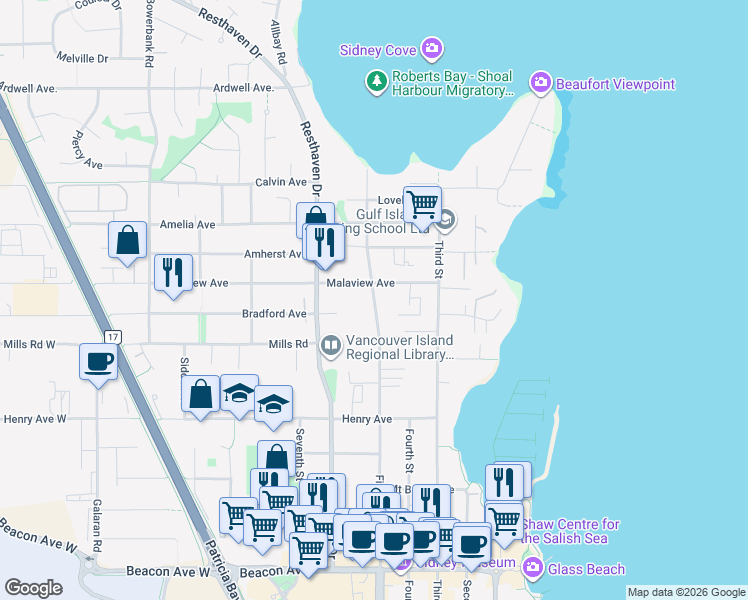 map of restaurants, bars, coffee shops, grocery stores, and more near 10140 5 Street in Sidney