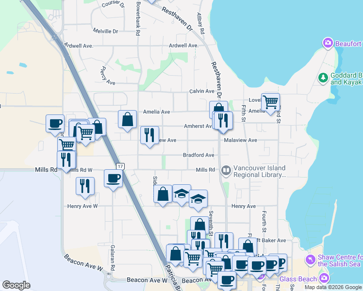 map of restaurants, bars, coffee shops, grocery stores, and more near 2253 Malaview Avenue in Sidney