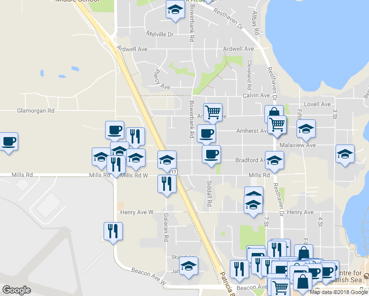 map of restaurants, bars, coffee shops, grocery stores, and more near 2143 Malaview Avenue in Sidney
