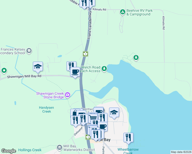 map of restaurants, bars, coffee shops, grocery stores, and more near 2840 Oceanside Lane in Mill Bay