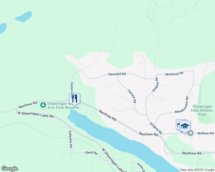 map of restaurants, bars, coffee shops, grocery stores, and more near Ward Road in Shawnigan Lake