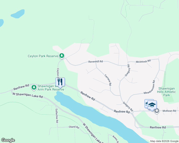 map of restaurants, bars, coffee shops, grocery stores, and more near 2366 Ravenhill Road in Shawnigan Lake