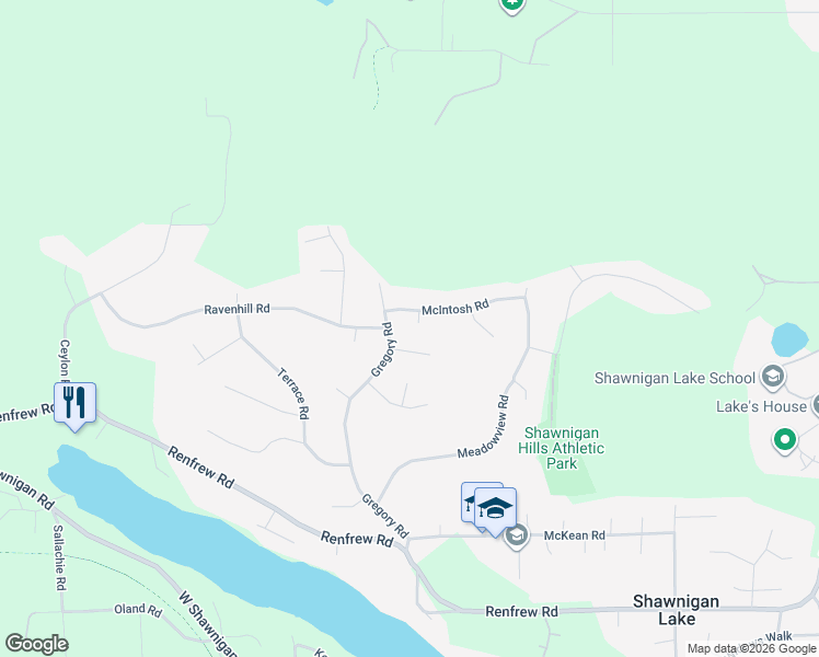 map of restaurants, bars, coffee shops, grocery stores, and more near 2866 Park Place in Shawnigan Lake