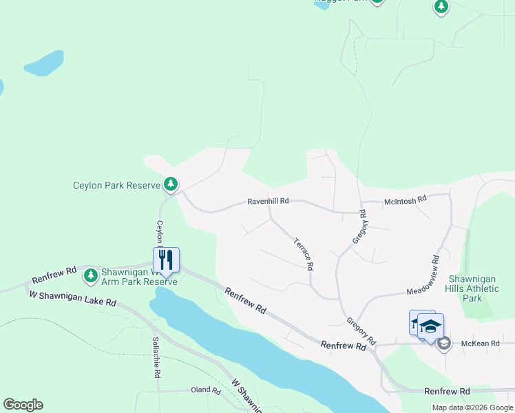 map of restaurants, bars, coffee shops, grocery stores, and more near 2366 Ravenhill Road in Shawnigan Lake