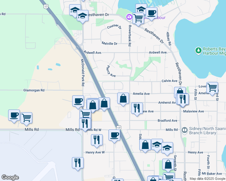 map of restaurants, bars, coffee shops, grocery stores, and more near 2070 Amelia Avenue in Sidney