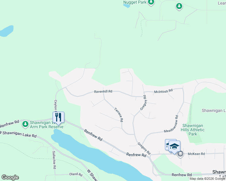 map of restaurants, bars, coffee shops, grocery stores, and more near 2387 Terrace Road in Shawnigan Lake