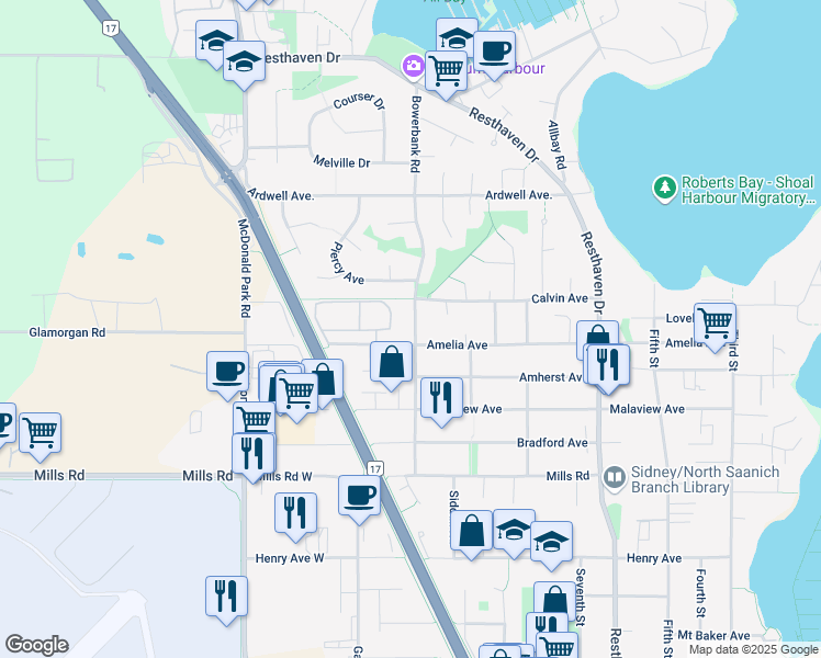 map of restaurants, bars, coffee shops, grocery stores, and more near 10230 Bowerbank Road in Sidney