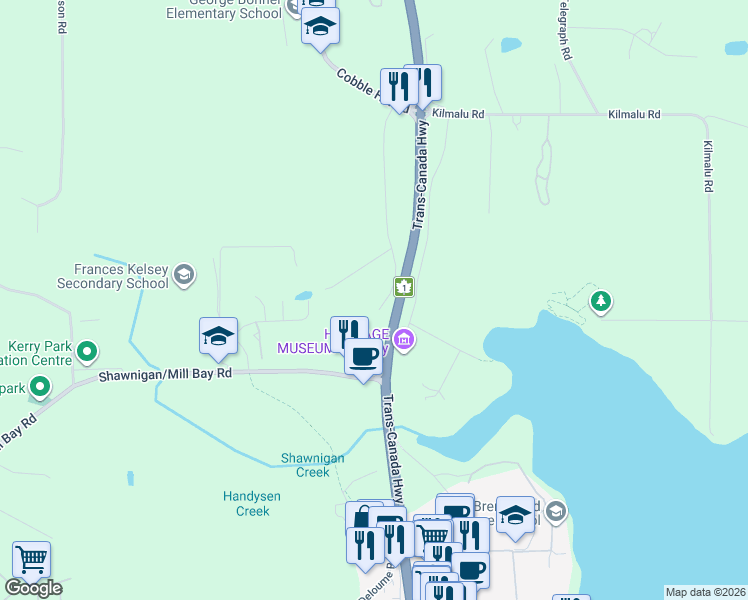 map of restaurants, bars, coffee shops, grocery stores, and more near 315 Island Highway in Mill Bay