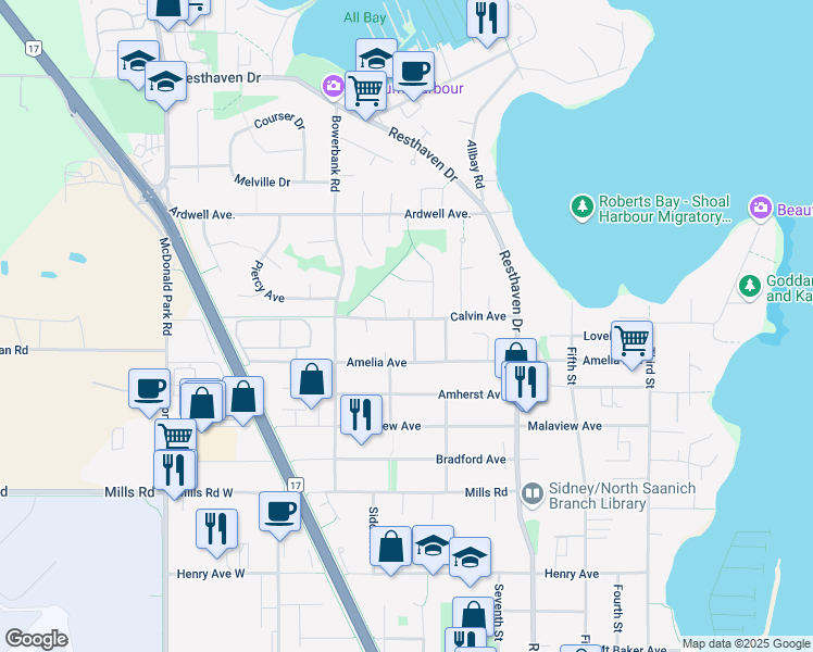 map of restaurants, bars, coffee shops, grocery stores, and more near 10228 Almond Street in Sidney