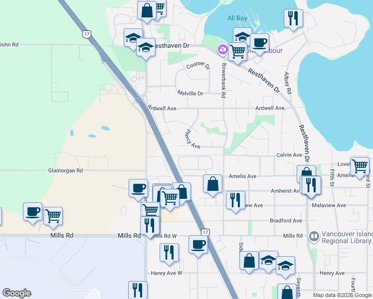 map of restaurants, bars, coffee shops, grocery stores, and more near 10293 Godfrey Place in Sidney