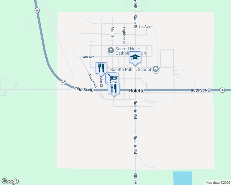 map of restaurants, bars, coffee shops, grocery stores, and more near 500-598 Railroad Alley in Rolette