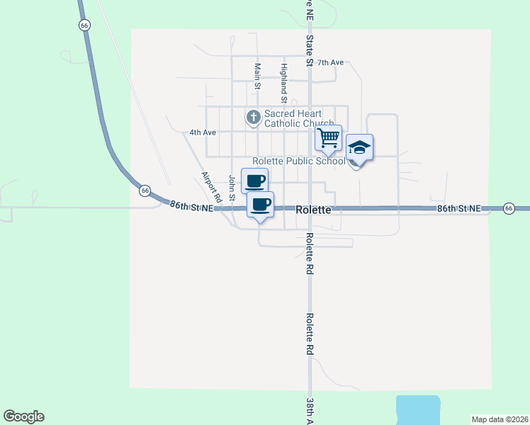 map of restaurants, bars, coffee shops, grocery stores, and more near 500 Railroad Alley in Rolette