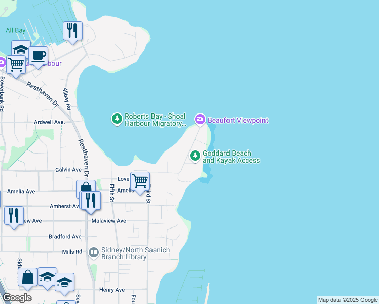 map of restaurants, bars, coffee shops, grocery stores, and more near Beaufort Road in Sidney