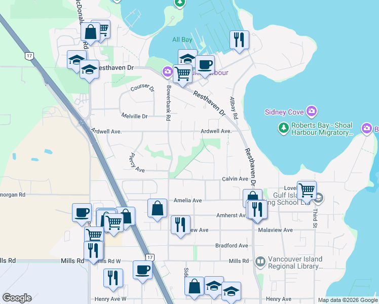 map of restaurants, bars, coffee shops, grocery stores, and more near 10301 Menagh Place in Sidney