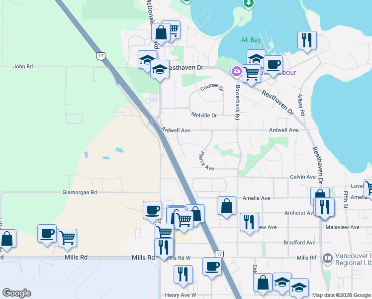 map of restaurants, bars, coffee shops, grocery stores, and more near 2027 Hornby Place in Sidney