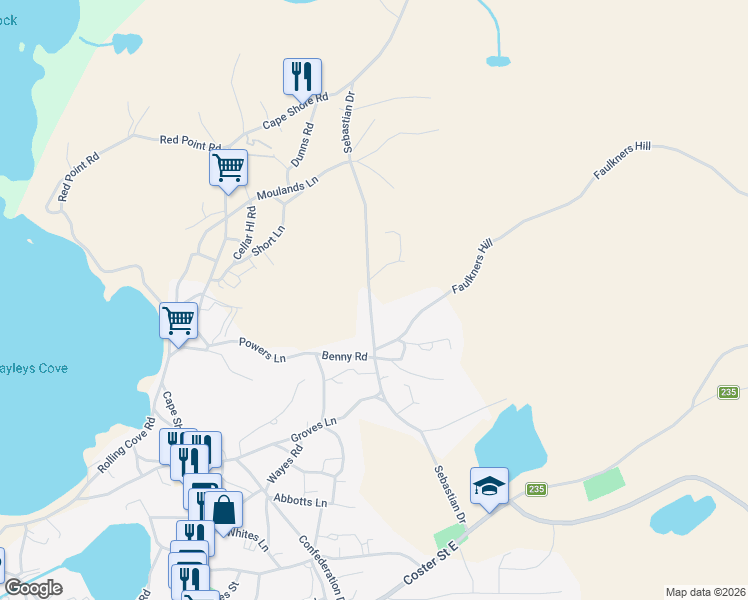 map of restaurants, bars, coffee shops, grocery stores, and more near Sebastian Drive in Bonavista